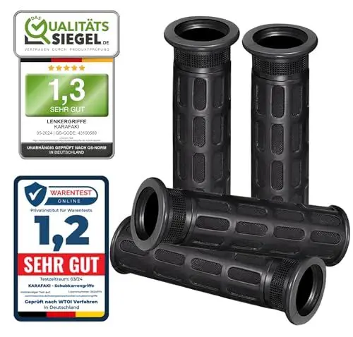 Produktbild: KARAFAKI® Schwarz Lenkergriffe 4er-Set – Spezialgriffe für Schubkarren, 124mm, 30mm ID, 48mm AD, Hochwertiges Gummi, Wetterfest, rutschfest