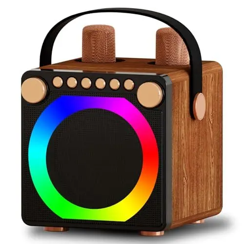 Produktbild: Karaoke Maschine, Karaoke Anlage mit 2 Mikrofonen, Bluetooth 5.3, Retro-Design, Musikaufnahme-LED-Licht, EIN-klick zum Abbrechen des Originaltons, Ledergriff, Karaoke Anlage Geeignet für Reisen