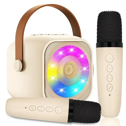 Produktbild: Karaoke Maschine Kinder mit 2 Mikrofon, Mini Karaoke Drahtlosen Mikrofon, Tragbares Bluetooth Lautsprecher mit LED-Lichtern, Geschenke Spielzeug für Mädchen und Jungen