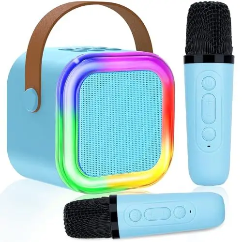 Produktbild: Karaoke Maschine für Kinder Erwachsene, Bluetooth Karaoke Lautsprecher mit 2 Kabellosen Mikrofon, Mini Karaoke Maschine mit LED-Lichtern, Geschenke Spielzeug für Mädchen und Jungen