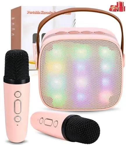 Produktbild: Karaoke Maschine mit 2 Drahtlosen Mikrofonen, Tragbares Bluetooth Karaoke Maschine für Kinder Erwachsene mit Stimme wechselnde Effekte LED-Lichter Jungen Mädchen Geschenke Heimparty (Rosa)