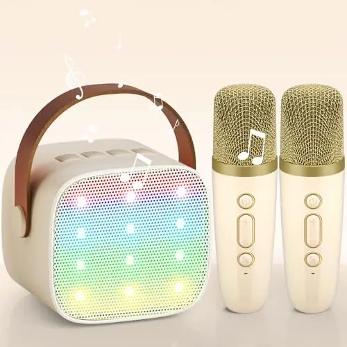 Produktbild: Karaoke Maschine mit 2 Drahtlosen Mikrofonen, Wowstar Tragbares Bluetooth Karaoke Maschine für Kinder Erwachsene mit Stimme wechselnde Effekte & LED-Lichter Jungen Mädchen Geschenke Heimparty(Beige)