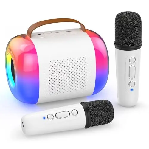 Produktbild: Karaoke Maschine mit 2 Mikrofonen, Tragbare Kabellose Mini Karaoke Maschine füR Kinder und Erwachsene mit Led-Lichtern und Stimmwechsel-Effekt, Geschenk füR MäDchen Jungen