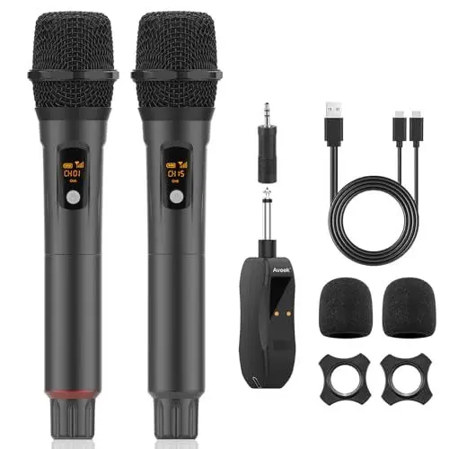 Produktbild: Aveek Karaoke Mikrofon Kabellos Set, 2.4GHz Drahtloses Handmikrofon, 6,35/3,5 mm Mikrofonöffnung,Mit Aufladbarem Empfänger,Geeignet Für Karaoke-Maschinen, Hochzeiten, DJs, Partys