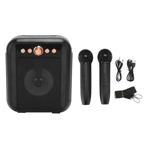 Produktbild: Karaoke-Maschine, HiFi-Sound, geräuscharmer Bluetooth-Lautsprecher mit 2 kabellosen Mikrofonen, PA-System mit LED-Licht, unterstützt USB/U-Disk/3,5-Sound-Stecker, geeignet für