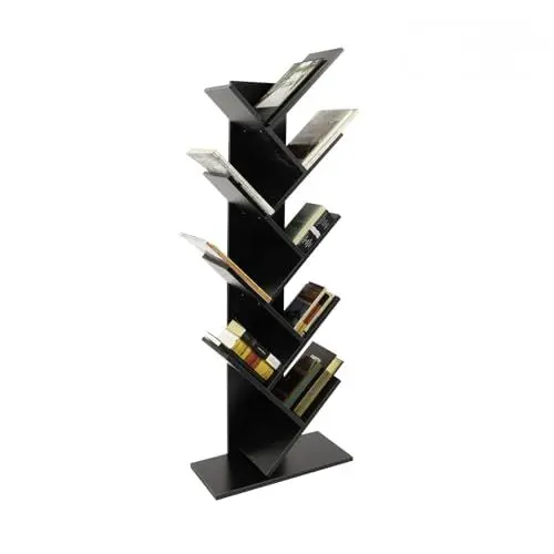 Produktbild: KARAT Bücherregal Wand Deko für Wohnzimmer, Arbeitszimmer, Schlafzimmer offener Wandregal, Standregal aus Holz Stufenregal Organizer mit 8 Fächern 50x141,5x25cm Schwarz (Alexandria)