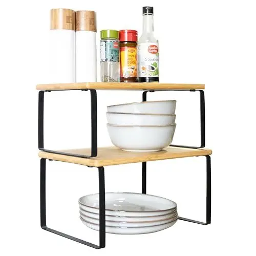 Produktbild: KARAT Gewürzregal Küchenschrank Organizer kleines 2er Set für Küche aus Stahl & Holz, Regaleinsatz, Küchenregal stehend für Schrank ohne Bohren Aufbewahrung & Organisation (Schwarz + Natur)