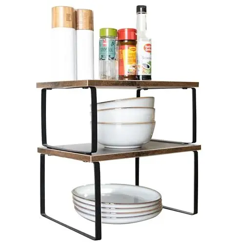 Produktbild: KARAT Küchen Organizer kleines Gewürzregal 2er Set für Kitchen aus Stahl & Holz, Küchenschrank Organizer ohne Bohren, Küchenregal stehend für Schrank, Schrankregal Aufbewahrung (Schwarz + Braun)