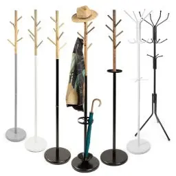 Produktbild: KARAT Kleiderständer weiß aus Holz & Stahl stabil und Robust mit 6 Haken und Rundfuß Garderobenständer für Kleider, Garderobe und Hüte | Jackenständer für Flur Höhe 174cm Ø 28,5cm (Thomas)