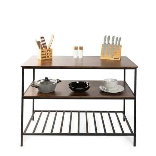 Produktbild: KARAT Küchenregal große Holz Arbeitsplatte mit Stahlrahmen und 3 Ebenen - Standregal Organizer für Küche, Wohnzimmer, Kücheninsel für Gewürze und Geschirr 60 x 120 x 90 cm braun (Dallas)