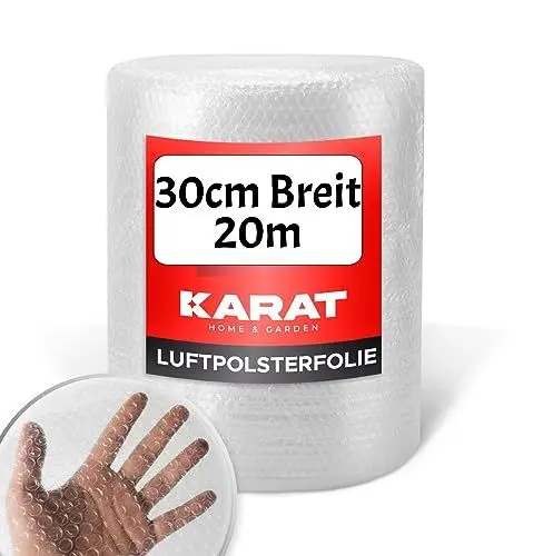 Produktbild: KARAT Luftpolsterfolie Rolle l 20m X 30cm Ideal für Versand, Verpackung und Umzug - 100% recyclingfähig - Bubble Wrap als Verpackungsmaterial - Noppenfolie - Polstermaterial