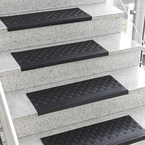 Produktbild: KARAT Stufenmatte aus Gummi 5 Stück - 25 x 65 cm - wetterfeste & Rutschhemmende Treppenstufen Matten - Gummistufenmatte für Außen - Treppenauflage - Antirutschmatte Diamond