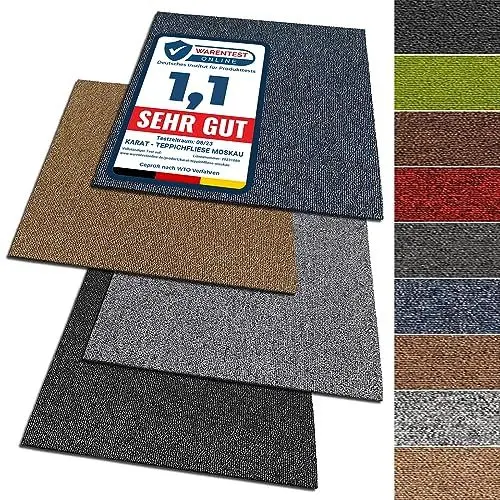 Produktbild: KARAT Teppichfliesen Moskau 50x50cm selbstliegend, 4 Stück Set, 1m² strapazierfähiger Teppich Bodenbelag mit hochwertigem Schlingenflor für Haus & Büro, antistatisch mit Bitumen Rücken, Dunkelgrau