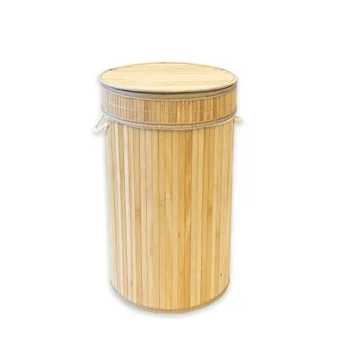 Produktbild: KARAT Wäschekorb Bambus Holz mit Deckel 63 L Aufbewahrungsbox faltbare Wäschetonne mit abnehmbarem Wäschesack und Griffen, Wäschesammler, Wäschebox Deko Truhe für Bad (Rund | 35 x 60 cm)