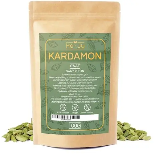 Produktbild: He-Ju Kardamom Ganz Grün 100g, natürliche, vegane Kardamom Kapseln, Kardamomsaat frei von Zusätzen zur Verfeinerung von Gerichten