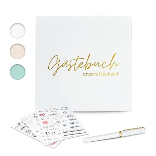 Produktbild: Kardello Gästebuch Hochzeit Blanko mit Gratis Stickern & Stift - Premium Hochzeitsgästebuch mit 100 Seiten - Hochzeit Gästebuch mit extra dickem Papier – Weiß