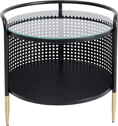 Produktbild: Kare Design Beistelltisch Fence, Schwarz, Rund, Wohnzimmertisch, Couchtisch, Stahlgestell, Tischplatte aus ESG Sicherheitsglas, 44x45x45 cm (H/B/T)