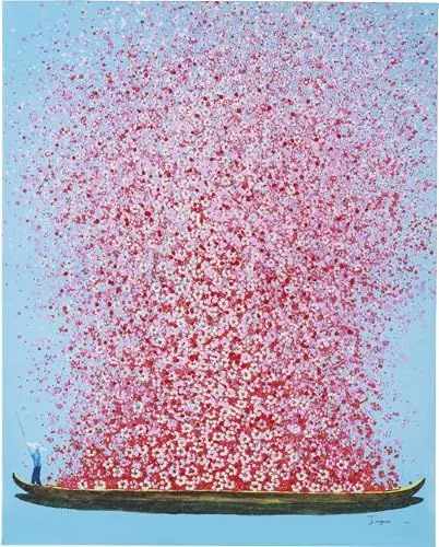 Produktbild: Kare Design Bild Touched Flower Boat Blau/Pink, Gemälde, Pastellfarben, Asia-Stil, buntes Wandbild, Canvas-Leinwand, Massivholz Rahmen, handgemalte Details mit Acrylfarbe, Abstrakt, 100x80x4 cm