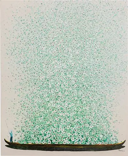 Produktbild: Kare Design Leinwandbild Flower Boat Beige/Grün, Gemälde, Pastellfarben, Asia-Stil, buntes Wandbild, Canvas-Leinwand, Massivholz Rahmen, handgemalte Details mit Acrylfarbe, Abstrakt, 160x120x3,5cm
