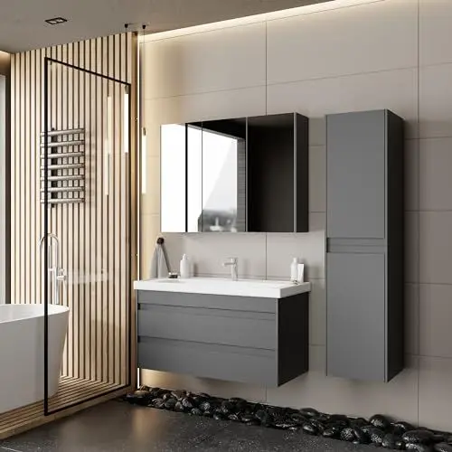 Produktbild: KAREN banyo Badezimmermöbel Set Lara 100 Anthrazit | Keramikwaschbecken | Unterschrank | Spiegelschrank | Softclose-Schubladen & -Türen & unsichtbare Griffe | Moderner Stil | Badmöbel Waschtisch