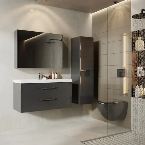 Produktbild: KAREN banyo Badezimmermöbel Set Lotus 100 Anthrazit Hochglanz | Keramikwaschbecken | Unterschrank | Spiegelschrank | Lip Griffe aus Chrom | Softclose-Schubladen | Modern | Badmöbel Waschtisch