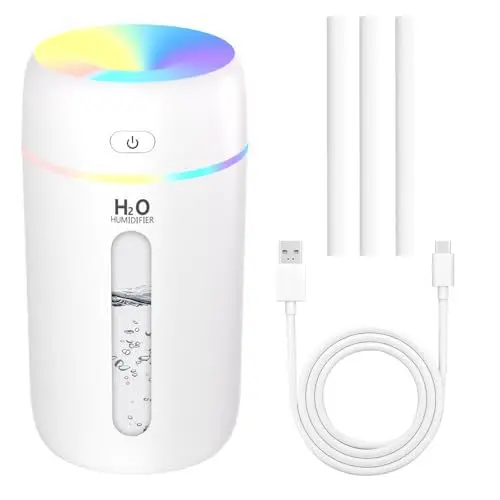 Produktbild: KARFUN Small Humidifiers,Portable Desk Humidifiers,Luftbefeuchter,Desktop Leiser Mini Luftbefeuchter mit 7 Farben Licht,Automatische Abschaltung,Büro,Schlafzimmer,Auto (Weiß)