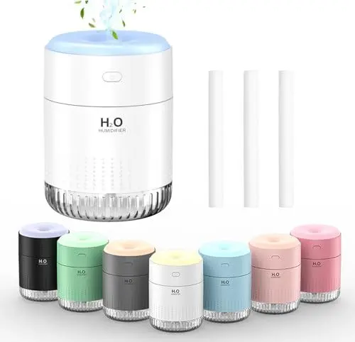 Produktbild: KARFUN Small Humidifiers,Portable Desk Humidifiers,Luftbefeuchter,Desktop Leiser Mini Luftbefeuchter mit 7 Farben Licht,Automatische Abschaltung,Büro,Schlafzimmer,Auto