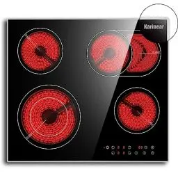 Produktbild: Karinear Keramik-Kochfeld 4 Platten mit Metallrahmen, 6600W, Einbaukochfeld, 4 Kochfelder, ausziehbar, Glaskeramikkochfeld 60 cm mit Touch-Steuerung, Timer, Kindersicherung, 220V-240V, Keine Stecker