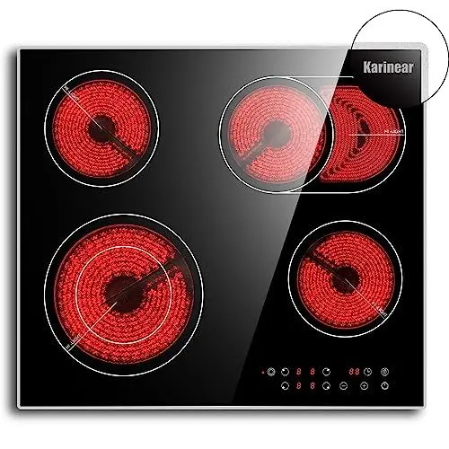 Produktbild: Karinear Keramik-Kochfeld 4 Platten mit Metallrahmen, 6600W, Einbaukochfeld, 4 Kochfelder, ausziehbar, Glaskeramikkochfeld 60 cm mit Touch-Steuerung, Timer, Kindersicherung, 220V-240V, Keine Stecker