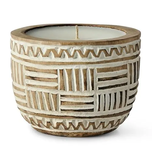 Produktbild: Karmagonia Handgemachte Holzkerze im Boho Stil – rustikale Kerze aus nachhaltigem Suar Holz - Deko Kerze für Wohnzimmer, Balkon & Bad, Boho Kerze in Holzschale