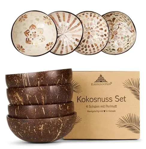 Produktbild: Karmagonia Kokosnuss Schale 4er Set - handgefertigte Boho Deko Schale mit Perlmutt - nachhaltige Bowl Schüssel - Snackschale und Schlüsselschale