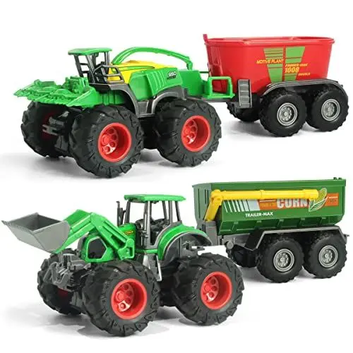 Produktbild: KARMOUNT Bauernhof Traktor mit Anhänger, Reibungsangetriebener Traktoren, Frontlader aus Metall Körper mit Anhänger und Futtermischwagen, ideales Bauernhofspielzeug für Kinder