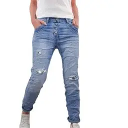 Produktbild: Karostar Damen Stretch Jeans| Boyfriend Hose mit Knopfleiste| Mid Rise 5 Pocket (Destroyed Pailletten, M)