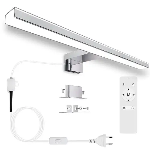 Produktbild: Karrong Spiegelleuchte Bad 40CM mit Schalter Fernbedienung, Dimmbar 3000K Warmweiß 4000K Naturweiß 6000K Kaltweiß IP44 Wasserdicht LED Spiegellampe für Badzimmer Aluminium 1200LM, 12W AC100-265V, Weiß