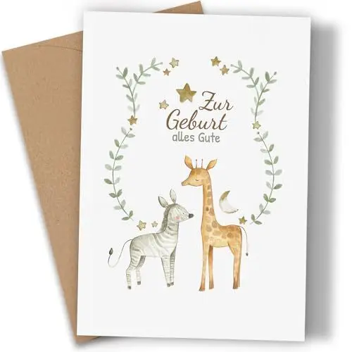 Produktbild: Karte Geburt Mädchen & Junge - schöne Glückwunschkarte Geburt mit Tier-Motiv - gute Qualität Klappkarte Geburt mit Umschlag aus Kraftpapier Baby Karte Geschenk zur Geburt personalisiert Klappkarte(A6)