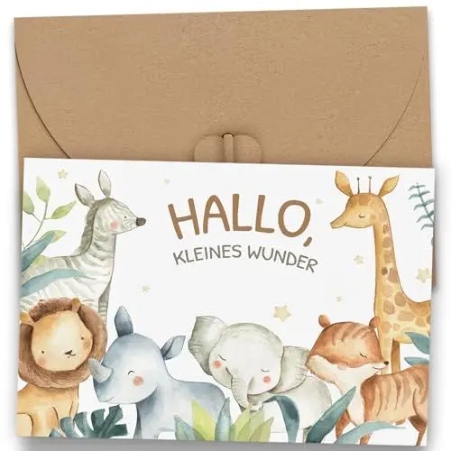 Produktbild: Karte zur Geburt Junge Mädchen - Premium Glückwunschkarte zur Geburt mit Umschlag aus Kraftpapier - Babygeschenke zur Geburt Baby Karten Babykarte mit Tier Motiv Hallo, Kleines Wunder Klappkarte (A6)