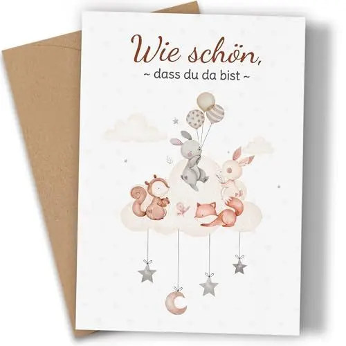 Produktbild: Karte zur Geburt - Premium Glückwunschkarte zur Geburt mit Umschlag Karte Babykarte - A6 Glückwunschkarte Geburt Junge Mädchen Zwillinge Geburtskarten für Baby Geschenk zur Geburt Ballon Hase Wolke