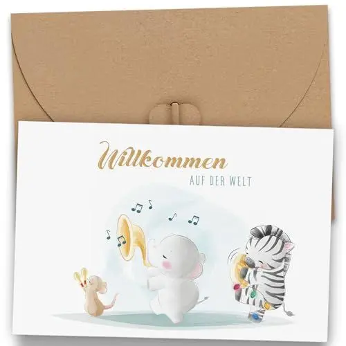 Produktbild: Karte zur Geburt für Mädchen und Jungen - Hochwertige Glückwunschkarte zur Geburt Baby mit Umschlag Willkommen auf der Welt Babykarte mit süßer Tierparade - Geschenk zur Geburt Klappkarte(A6)