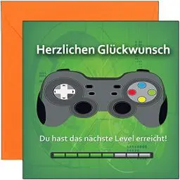 Produktbild: KARTEN 24 VERSAND Lustige Geburtstagskarte Game Junge Gamer Gaming Zocker zocken lustig Glückwunschkarte Geburtstag Jungs Retro Boy Karte Controller Computer 15 16 12 Level up Jungen (GreenSpace)