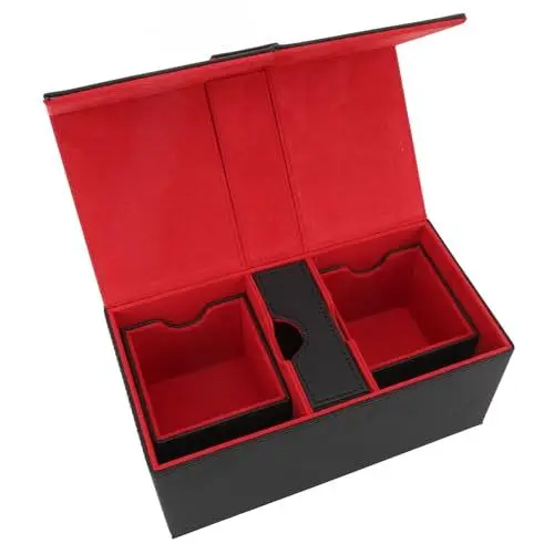 Produktbild: SPYMINNPOO Kartenaufbewahrungsbox, Kartendeck-Box mit 3 Schubladen, Großem Fassungsvermögen, Magnetverschluss, PU-Leder, Spielkarten-Aufbewahrungsbox für über 200 Karten (Schwarz Rot)