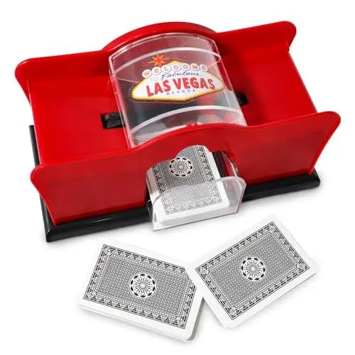 Produktbild: kartenmischmaschine manuell 1-2 decks, mischmaschine karten, kartenmischer mit Kurbel, karten mischgerät für skip bo, Poker, Blackjack, uno mischmaschine für Kinder, Erwachsene & Großeltern - rot