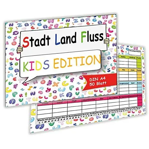 Produktbild: KARTENVERSAND24 Stadt Land Fluss Kids Kinder Junior Gesellschaftsspiel Block Spiel Familienspiel Lernspiel Familie für zuhause unterwegs