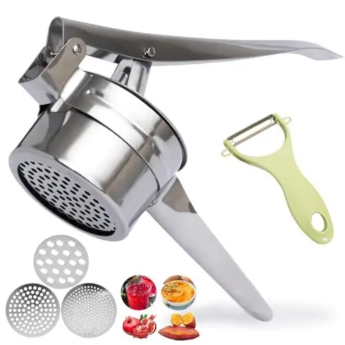 Produktbild: Kartoffelpresse, Spätzlepresse, Kartoffelpresse aus Edelstahl Rostfrei Spülmaschinenfest Mit 3 Austauschbare Spätzlesieb, für Flauschige Kartoffelpüree, Entsaften, Mit Kartoffelschäler