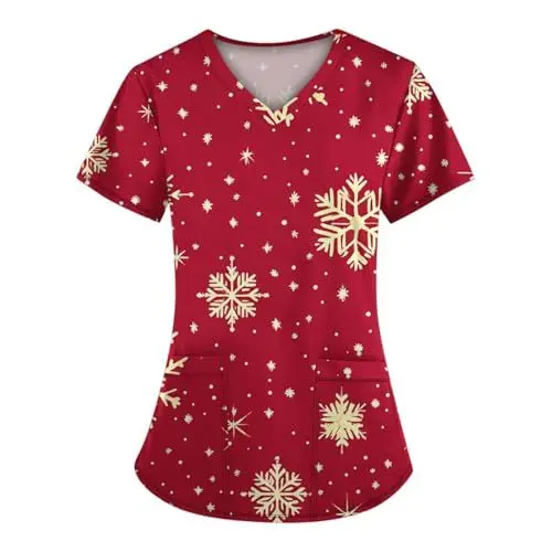 Produktbild: Kasack Weihnachten Damen Frauen Männer Schlupfhose Damen V-Ausschnitt Kasack T-Shirt Damen Medizinischer Christmas Damen Pflege（2-Watermelon Red,XXL