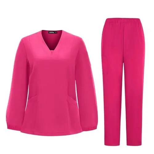 Produktbild: Kasacks Damen Pflegekleidung Krankenpfleger Pflegeanzug Schlupfkasack Leicht Arbeitskleidung Bequem Berufskleidung Einfarbig Berufsuniform Medizinisches Anzug Mit Taschen(A13 Hot Pink,M)