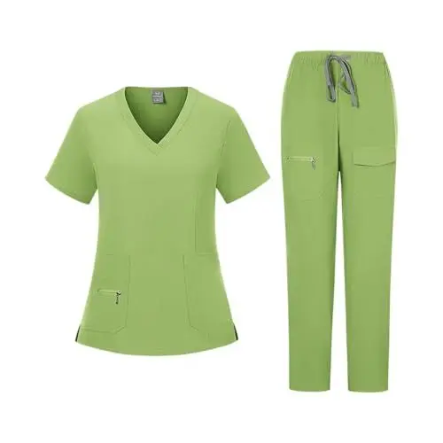 Produktbild: Kasacks Damen Pflegekleidung Krankenpfleger Pflegeanzug Schlupfkasack Leicht Arbeitskleidung Bequem Berufskleidung Einfarbig Berufsuniform Medizinisches Anzug Mit Taschen(A40 Fluorescent Green,L)
