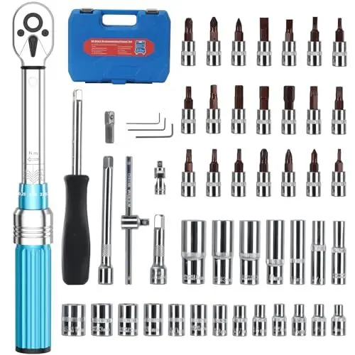 Produktbild: Kasakily Drehmomentschlüssel Fahrrad Set 1/4 Zoll,5-25 Nm Drehmoment Torque Wrench Motorrad 50tlg Set ± 3% Fehlergenauigkeit Reparatur Tool mit 72 Zähne Wende Ratschenkopf mit Click