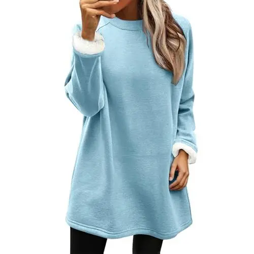 Produktbild: kaschmir pullover damen Pullover Thermo Teddy Fleece Sweatshirt ohne Kapuze Warm Sherpa Gefüttertes Pulli Winter Dicke Thermounterwäsche Große Größe Unterhemd sweatshirt damen blau weiß gestreift