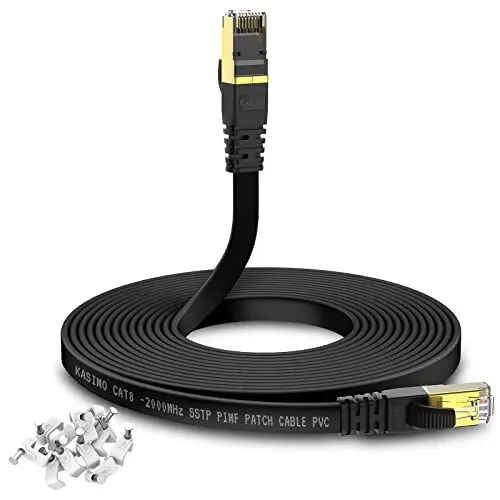 Produktbild: KASIMO CAT 8 LAN Kabel 5meter Flach 40 Gbits / 2000MHz – Netzwerkkabel Cat 8 Gigabit - Ethernet Kabel mit vergoldetem RJ45 Patchkabel Schwarz