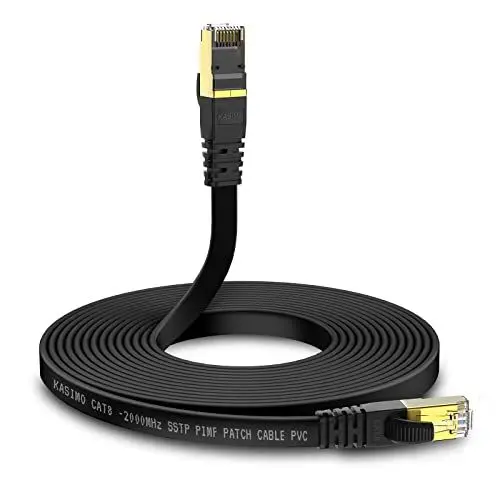 Produktbild: KASIMO CAT 8 Lan Kabel Flach 40 Gbits / 2000MHz – Netzwerkkabel Cat 8 Gigabit - Ethernet Kabel mit vergoldetem RJ45 Patchkabel Schwarz, 3m